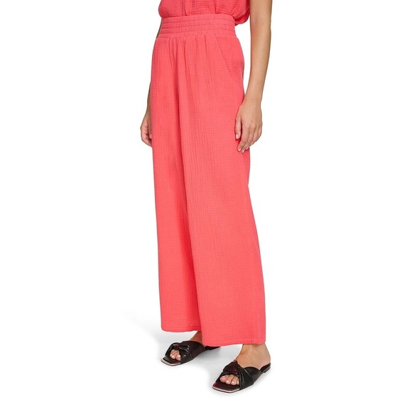 NWT DKNY Pull On Gauze Cotton Coral Wide Leg Pants~Pockets~Beach Coral~XL - Picture 3 of 10